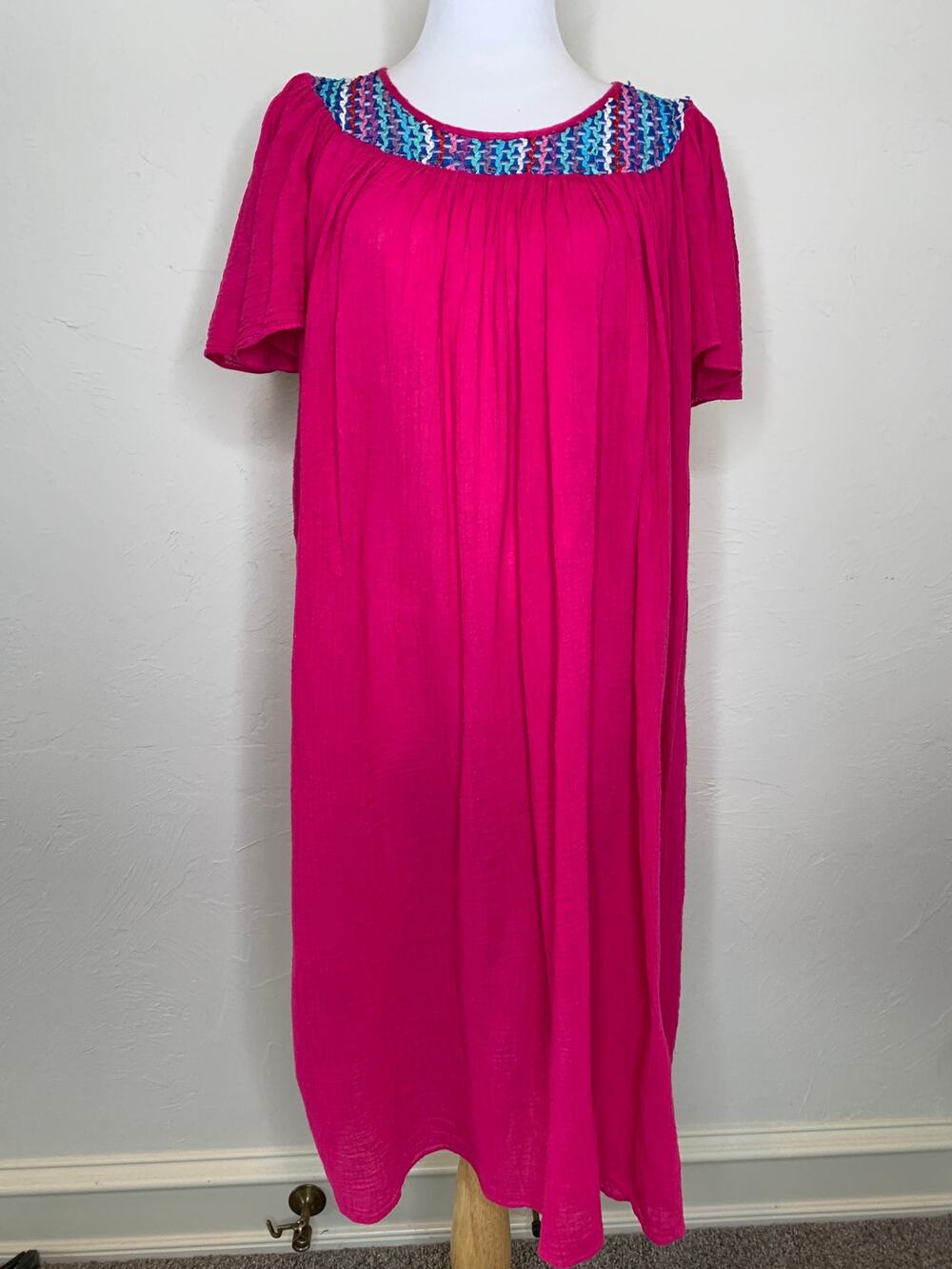 California Dynasty House Dress Crinkle Cotton Ribbon Neckline Sz ? Large